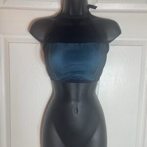 Freya Bikini Top Womens 30G‎ Teal Black Mesh Overlay Halter Lightly Padded Wired